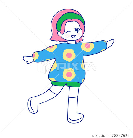 花柄のセーターを着た80年代レトロ風の女の子 128227622