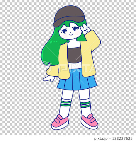 A girl in a pop outfit doing a peace sign A girl in a pop outfit doing a peace sign 128227623