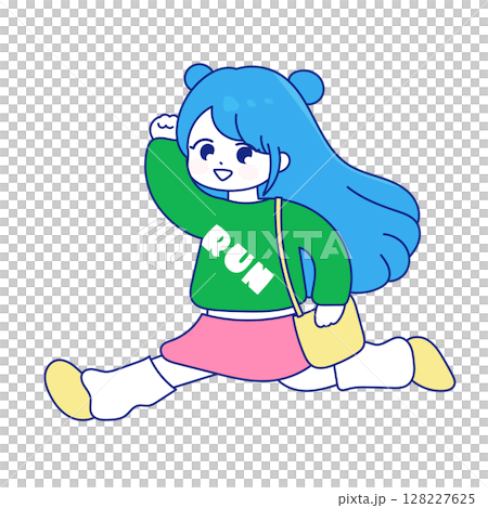 A pop girl in a patterned sweatshirt jumping energetically 128227625