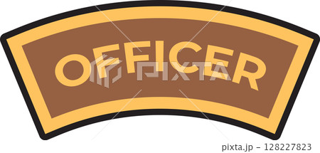 Officer rank insignia featuring the word OFFICER in gold letters on a curved brown background with gold borders, suitable for military or law enforcement themes 128227823