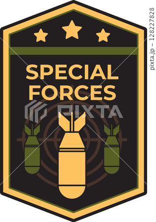 Featuring a striking special forces military vector emblem, showcasing three bombs positioned over a target, complemented by three stars within a bold black and gold badge shaped frame Featuring a striking special forces military vector emblem, showcasing three bombs positioned over a target, complemented by three stars within a bold black and gold badge shaped frame 128227828