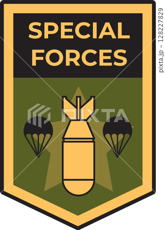 Special forces logo showcasing a bomb and parachutes, set against a military themed background, symbolizes airborne operations and tactical deployment 128227829