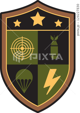 Military shield featuring three stars and divided into four sections, each illustrating different military actions like bombing, shooting, paratrooping, and fast attack 128227830
