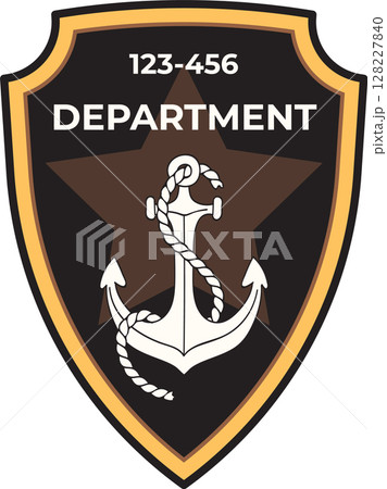 Nautical department logo showcasing an anchor entwined with rope, positioned centrally on a five pointed star against a shield shaped backdrop, incorporating a departmental number 128227840