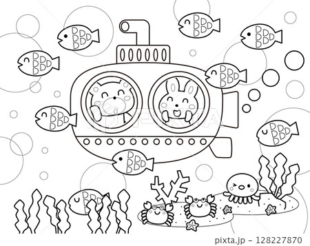 潜水艦と魚たちの塗り絵 潜水艦と魚たちの塗り絵 128227870