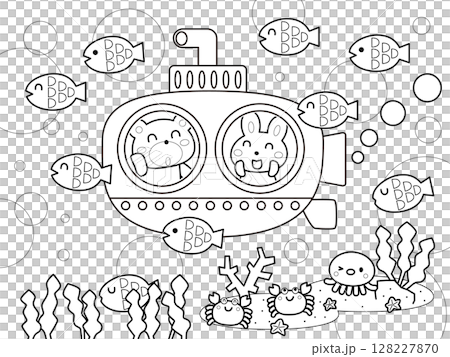 潜水艦と魚たちの塗り絵 潜水艦と魚たちの塗り絵 128227870