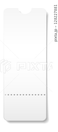 Blank white ticket with perforation and rounded corners is waiting to be used, isolated on white background with slight shadow underneath, ready for customization and design 128227881