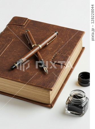 Vintage Leather Journal with Wooden Fountain Pen and Ink Bottle on white background  128228044