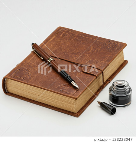 Vintage Leather Journal with Wooden Fountain Pen and Ink Bottle on white background  128228047