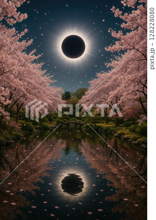 Total Solar Eclipse Reflecting in Sakura Garden Pond Amid Falling Petals 128228080