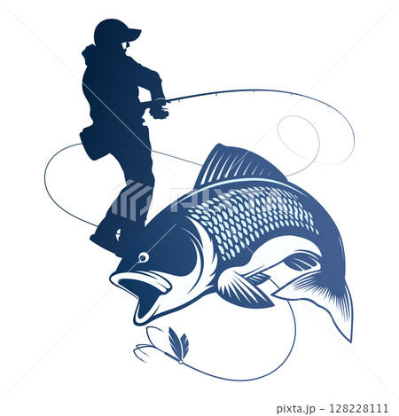 Fisherman with a fishing rod and catch of fish design 128228111