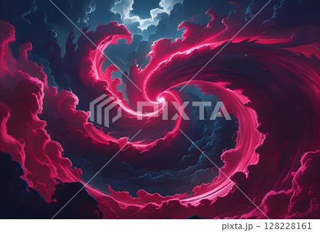 暗い空に渦巻く赤紫色の雲の風景イラスト 128228161