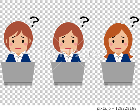 A young woman in a navy blue suit operating a computer with a troubled look on her face 128228168