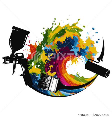 Brush, roller, sprayer and drops of splashes of colored paint Brush, roller, sprayer and drops of splashes of colored paint 128228300