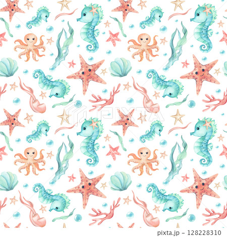 Seahorse, starfish, octopus cute children's illustration seamless pattern. Watercolor characters, seaweed, bubbles of underwater world isolated from background. Kids design for textile, packaging 128228310