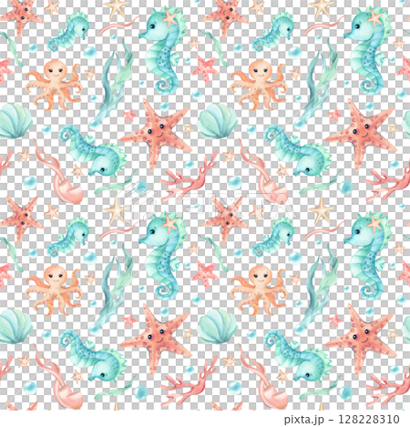 Seahorse, starfish, octopus cute children's illustration seamless pattern. Watercolor characters, seaweed, bubbles of underwater world isolated from background. Kids design for textile, packaging 128228310