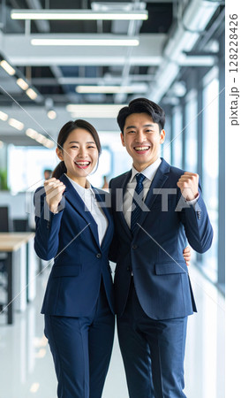 ガッツポーズする笑顔の男女のビジネスチーム(AI生成画像) ガッツポーズする笑顔の男女のビジネスチーム(AI生成画像) 128228426