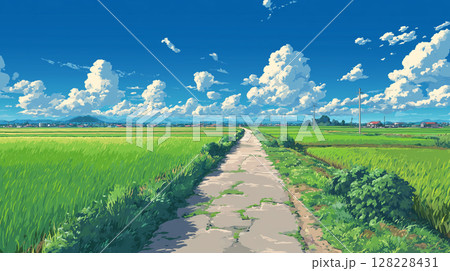 夏空と緑が広がる田園風景 ─ まっすぐに続く農道と入道雲が美しい日本の原風景 128228431