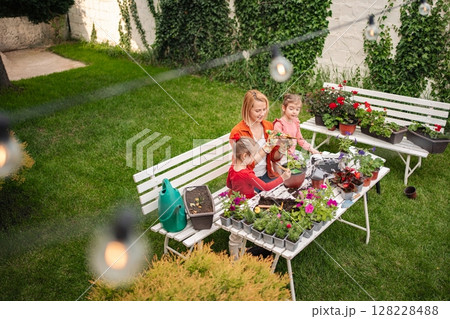 Gardening joys shared by family in a sunlit backyard Gardening joys shared by family in a sunlit backyard 128228488