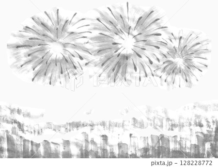 街と花火　手描きのモノクロイラスト 128228772