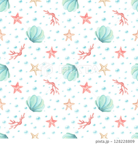 Seamless pattern underwater objects. Seashell, corals, starfishes, stars and bubbles. Watercolor illustration isolated from background. Hand drawn sea art children's design for textile, packaging Seamless pattern underwater objects. Seashell, corals, starfishes, stars and bubbles. Watercolor illustration isolated from background. Hand drawn sea art children's design for textile, packaging 128228809