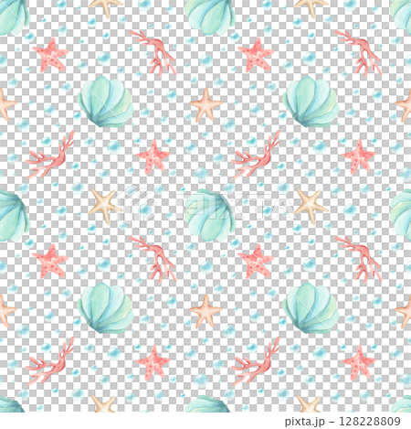 Seamless pattern underwater objects. Seashell, corals, starfishes, stars and bubbles. Watercolor illustration isolated from background. Hand drawn sea art children's design for textile, packaging Seamless pattern underwater objects. Seashell, corals, starfishes, stars and bubbles. Watercolor illustration isolated from background. Hand drawn sea art children's design for textile, packaging 128228809
