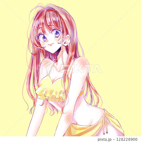 ロングヘアのセクシーな女性　水着 128228900