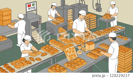 焼きたての香りが漂う、活気あるパン工場の製造風景 128229217