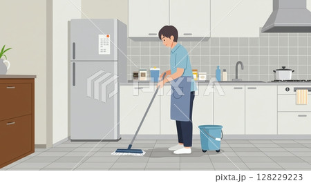 隅々までピカピカに！厨房の清掃に励むプロフェッショナル 128229223