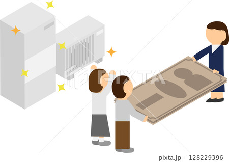 アイソメトリックな給湯機と補助金を受け取る人のイメージ素材 128229396