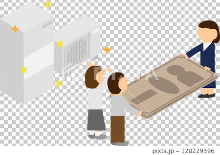 Isometric image of a water heater and a person receiving a subsidy 128229396