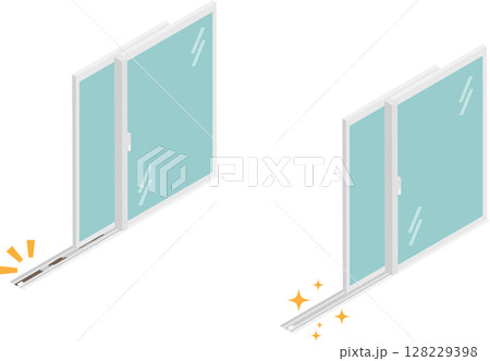 アイソメトリックな窓の桟にたまったゴミの掃除前と後のイメージ素材 128229398