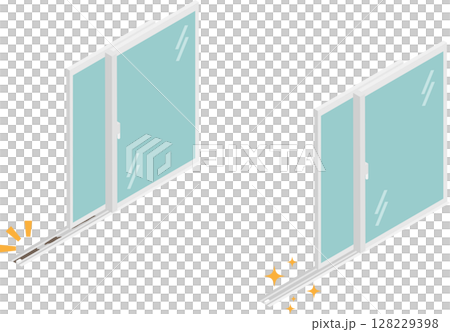 アイソメトリックな窓の桟にたまったゴミの掃除前と後のイメージ素材 128229398