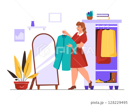 Woman trying a new shirt - colorful flat design style illustration Woman trying a new shirt - colorful flat design style illustration 128229495