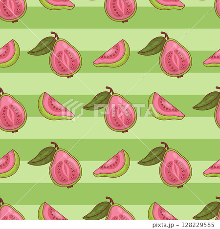 Seamless Pattern Pink Guava fruit on green Stripe Background. Vector illustration. 128229585