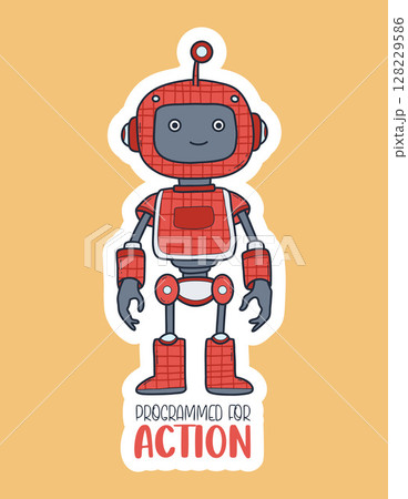 Futuristic Happy funny Robot sticker. Virtual Assistant with cool slogan. Vector illustration. Technology Avatar character mascot. Not AI 128229586