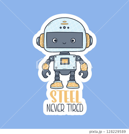 Futuristic cute little Robot sticker. Virtual Technology Assistant with cool slogan. Vector illustration. Color hand drawing. Happy Avatar character mascot. Not AI. 128229589