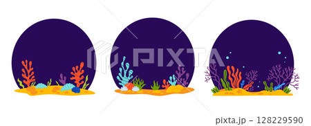 Underwater landscape set. Tropical Sea Plants, seaweed and Coral on seabed on round dark blue. Isolated backgrounds with empty space. Vector illustration Underwater landscape set. Tropical Sea Plants, seaweed and Coral on seabed on round dark blue. Isolated backgrounds with empty space. Vector illustration 128229590