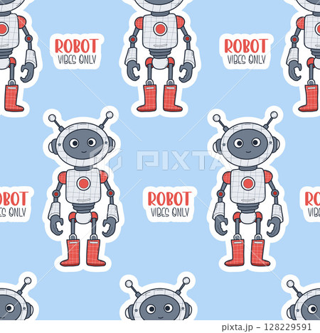 Seamless pattern Futuristic cute Robot on blue background with cool phrases. Virtual Technology funny Assistant. Vector illustration. Kids collection. Not AI Seamless pattern Futuristic cute Robot on blue background with cool phrases. Virtual Technology funny Assistant. Vector illustration. Kids collection. Not AI 128229591