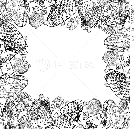 Strawberry full and cut in half, flowers in water dew drops, ripe garden berries pineberry strasberry. Isolated vector ink hand drawn square border frame. Home preserves, food packaging, recipe book 128229649