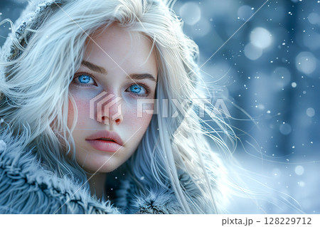 Ethereal portrait of a woman in a winter setting, snowflake details visible 128229712