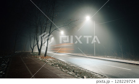 Foggy Bicycle Path with Bare Trees and Streetlights at Night Foggy Bicycle Path with Bare Trees and Streetlights at Night 128229724