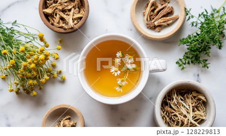 Warm herbal tea made from organic herbs and flowers served in a white cup surrounded by natural ingredients on a marble countertop 128229813