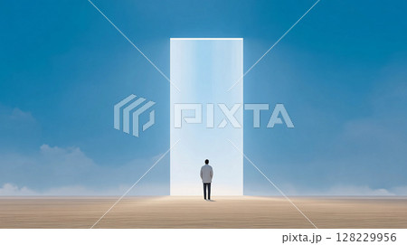 Person standing before an illuminated doorway under a clear blue sky, contemplating new opportunities and paths in a serene landscape Person standing before an illuminated doorway under a clear blue sky, contemplating new opportunities and paths in a serene landscape 128229956