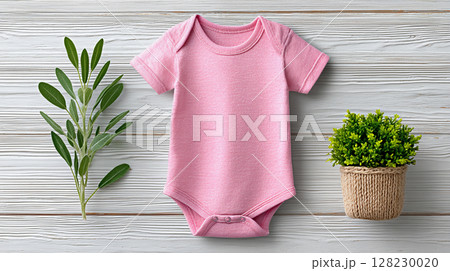 Cute pink baby onesie for mockup displayed with greenery on wooden background for modern nursery decor inspiration and baby clothing ideas Cute pink baby onesie for mockup displayed with greenery on wooden background for modern nursery decor inspiration and baby clothing ideas 128230020