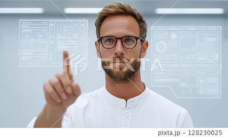 Scientist interacts with holographic interface in a modern laboratory setting focused on advanced technology and research initiatives 128230025