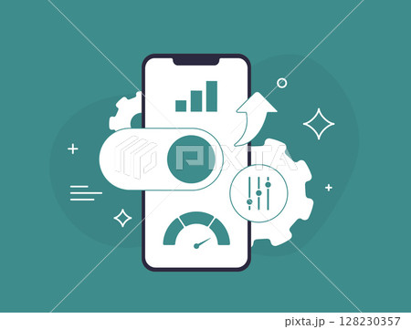 Mobile app optimization concept with AI sliders, analytics dashboard, speed meter and gear icons. Performance analytics, UX automation and AI personalization. Mobile app optimization illustration Mobile app optimization concept with AI sliders, analytics dashboard, speed meter and gear icons. Performance analytics, UX automation and AI personalization. Mobile app optimization illustration 128230357