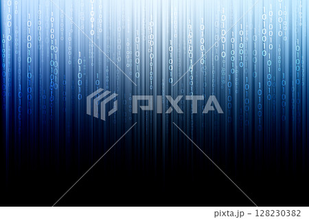 Digital binary code cascading over a dark blue and black gradient background 128230382