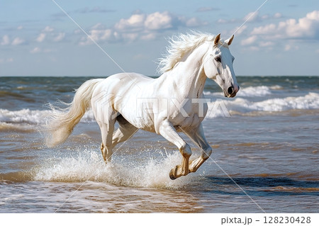 Magnificent white horse galloping along the shoreline with splashing water 128230428