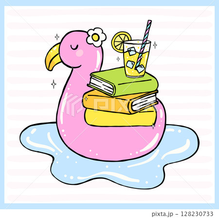Pastel Coquette Girly Summer beach Book, stacked book on Flamingo floating with drink, Hand Drawn Doodle with Bold Lines. 128230733